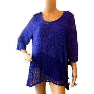 JM Collection Blue Patchwork Lace  Scoop Neck 3/4 Sleeve Asymmetrical Tunic XL